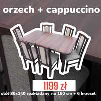 Nowe: Stół 80x140->180 + 6 krzeseł, orzech + cappuccino, dostawa PL