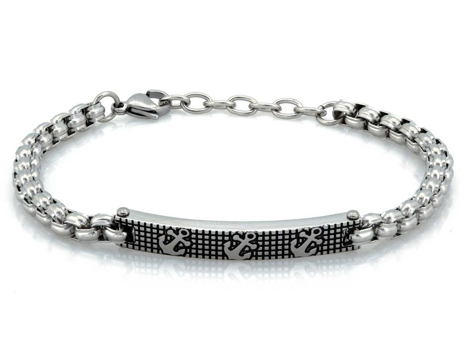 Stalowa bransoletka gruby splot oksydowana blaszka z kotwicami