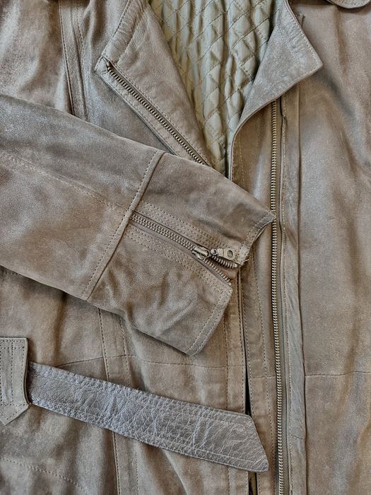 Miękka skóra licowa, wiązana w pasie, M oversize, gratis szal z futrem