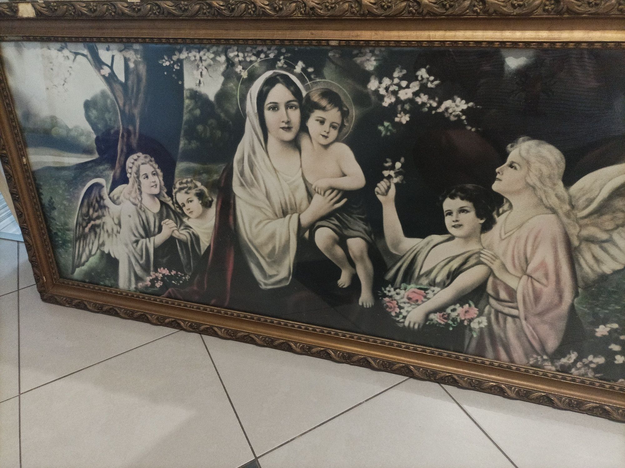 Stary duży Obraz Maryja z Dzieciątkiem w otoczeniu Aniołów