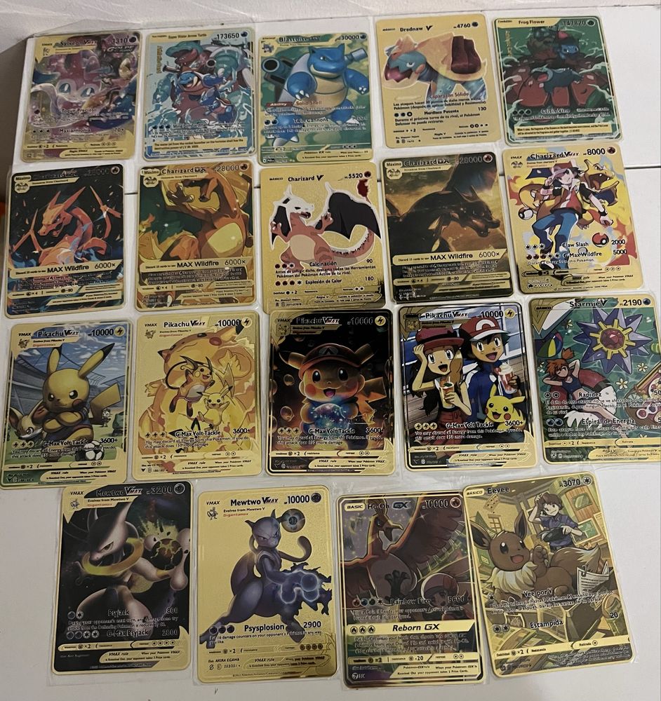 Cartas metalicas douradas e prateadas pokemon