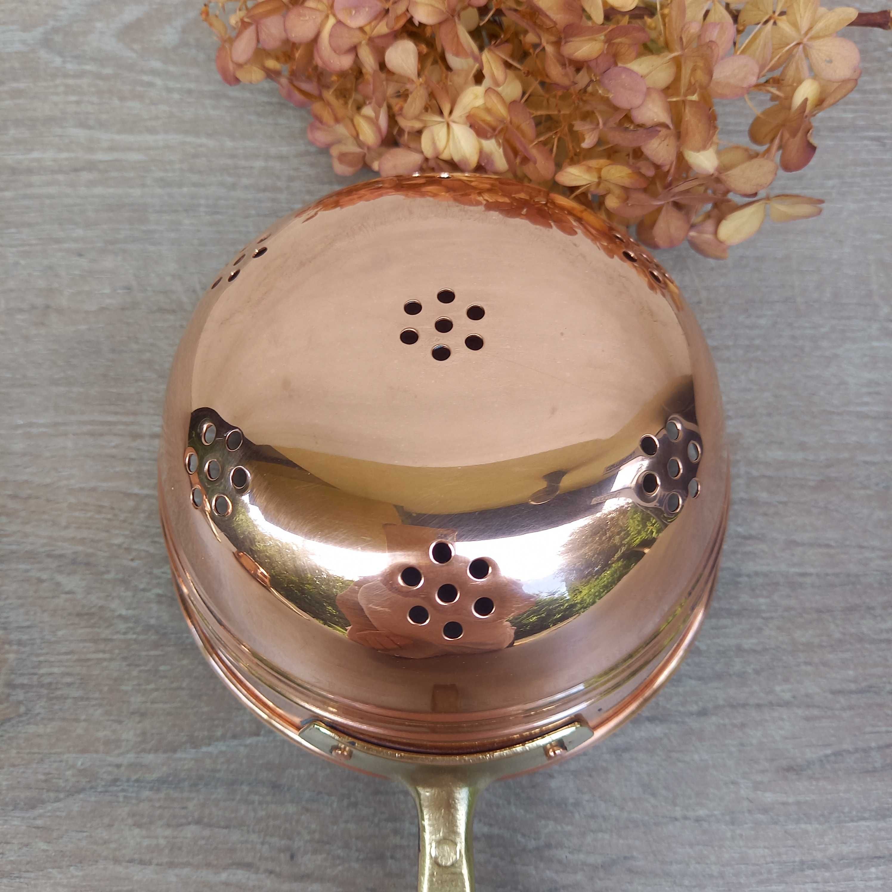 Durszlak miedziane sitko z mosiężną rączką śred. 14 cm