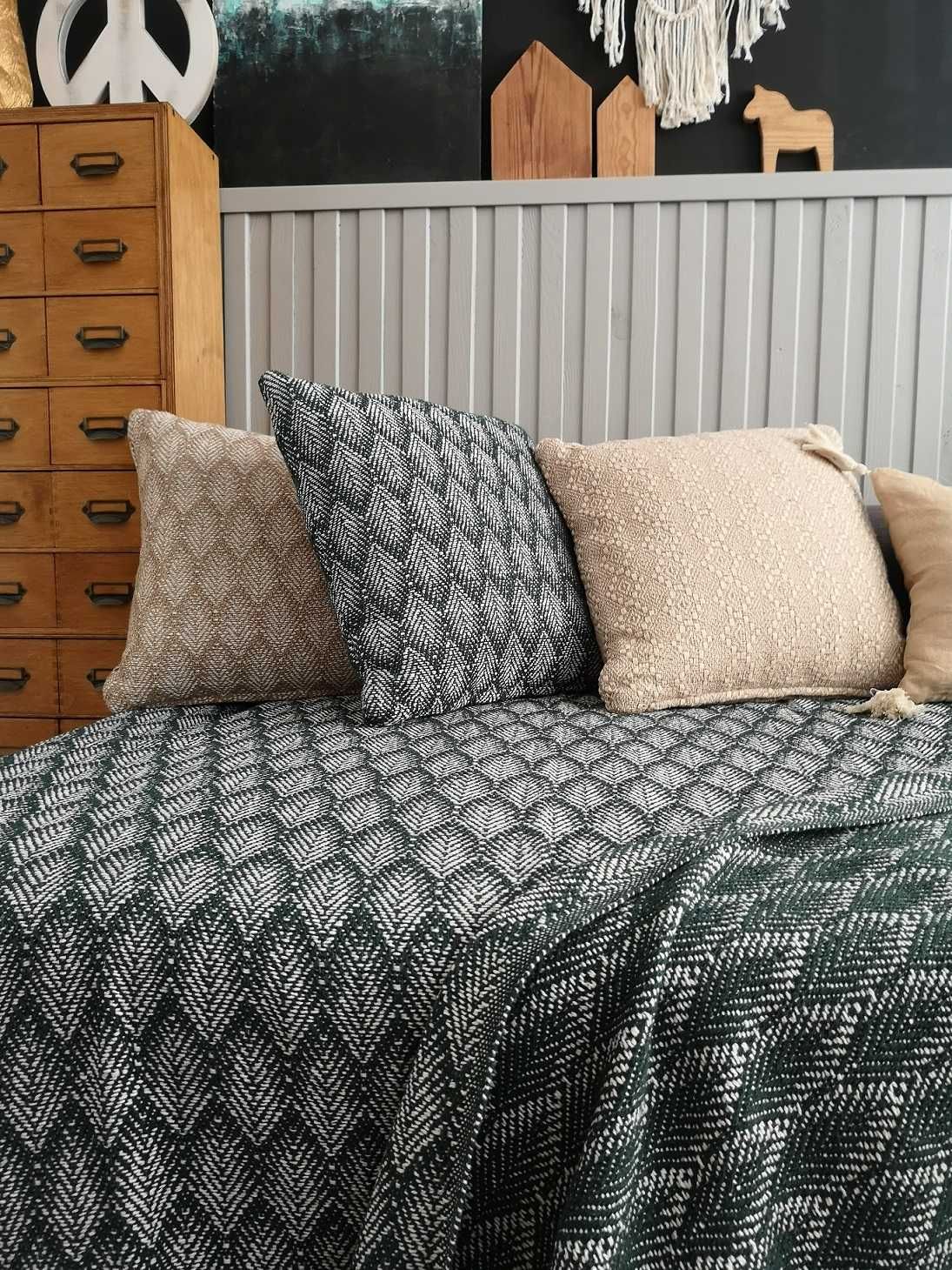 Koc pled Pola bawełna 150x200 cm butelkowa zieleń biały boho frędzle