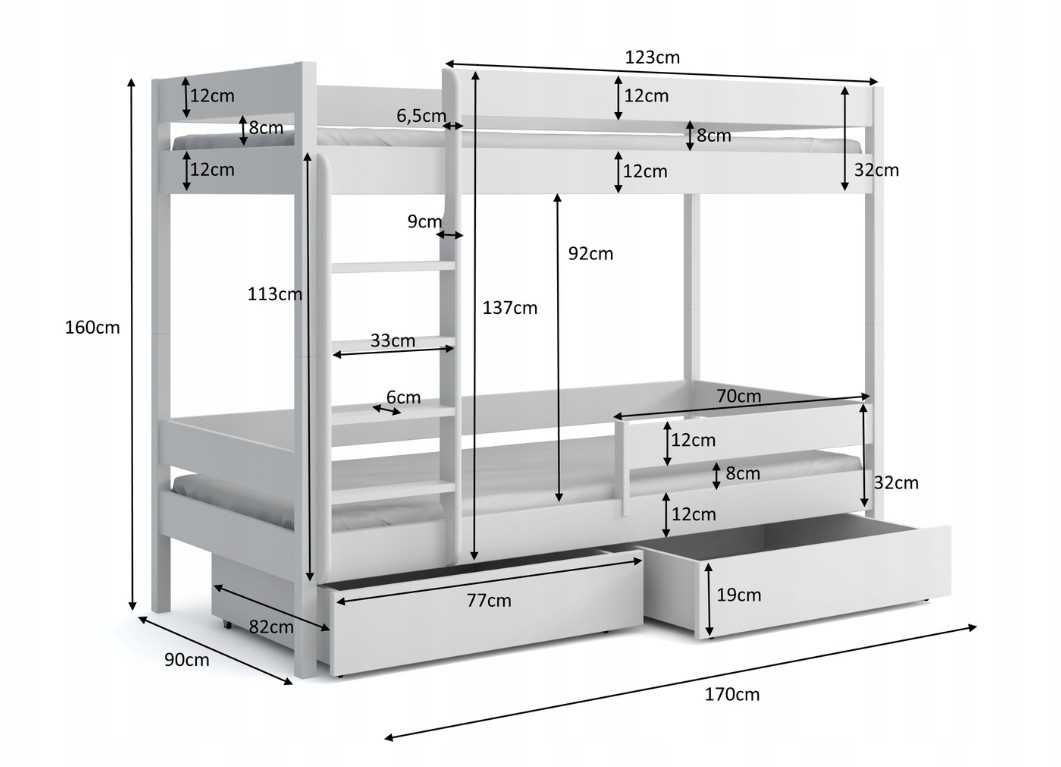 Łóżko piętrowe dla dwójki dzieci ZOSIA 160x80/180x80/190x80 materace