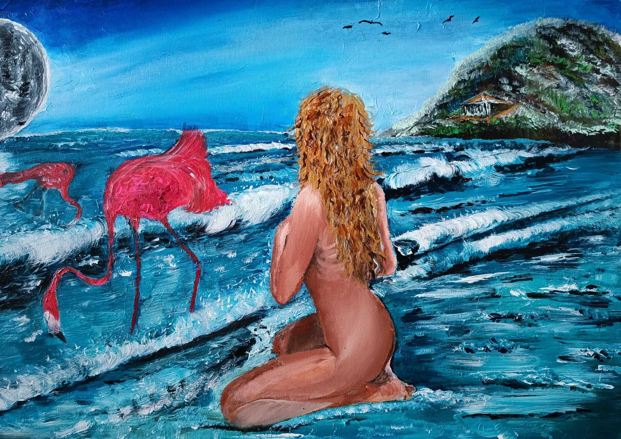 new world kobieta akt plaża w tle flamingi i zachód słońca