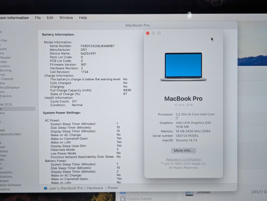Macbook pro 15 2018 core i7 2.2ghz 16/256gb pro 555x 4gb