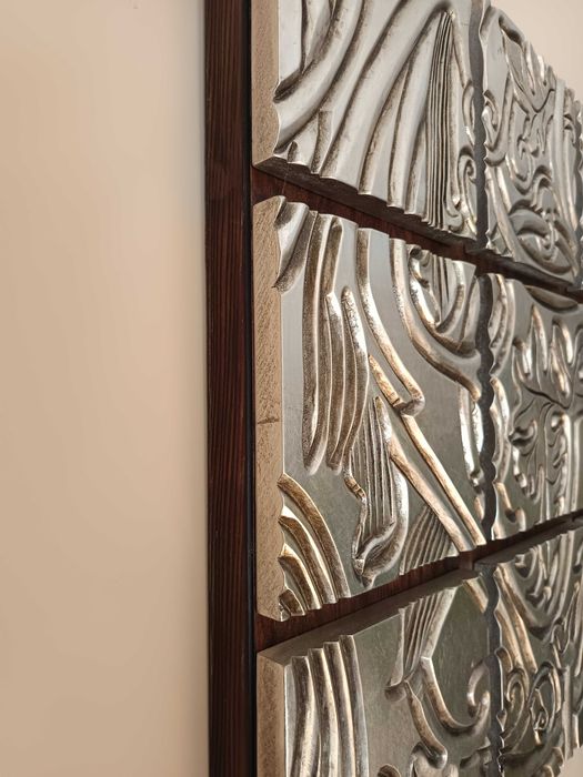 Quadro 100%madeira esculpido manualmente e pintado de prata