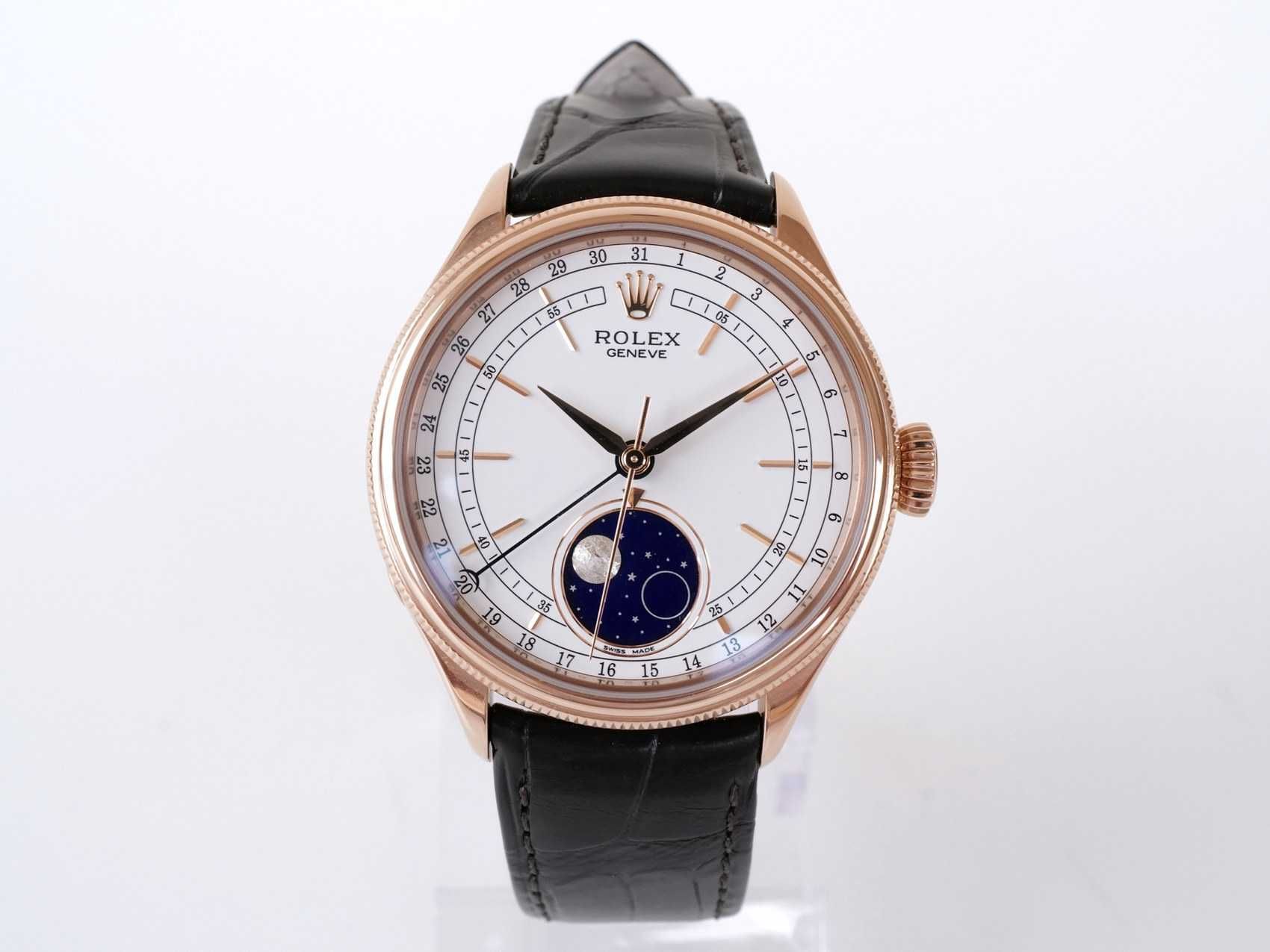 Rolex Cellini Moonphase 18K Rose Gold White Dial Black Strap