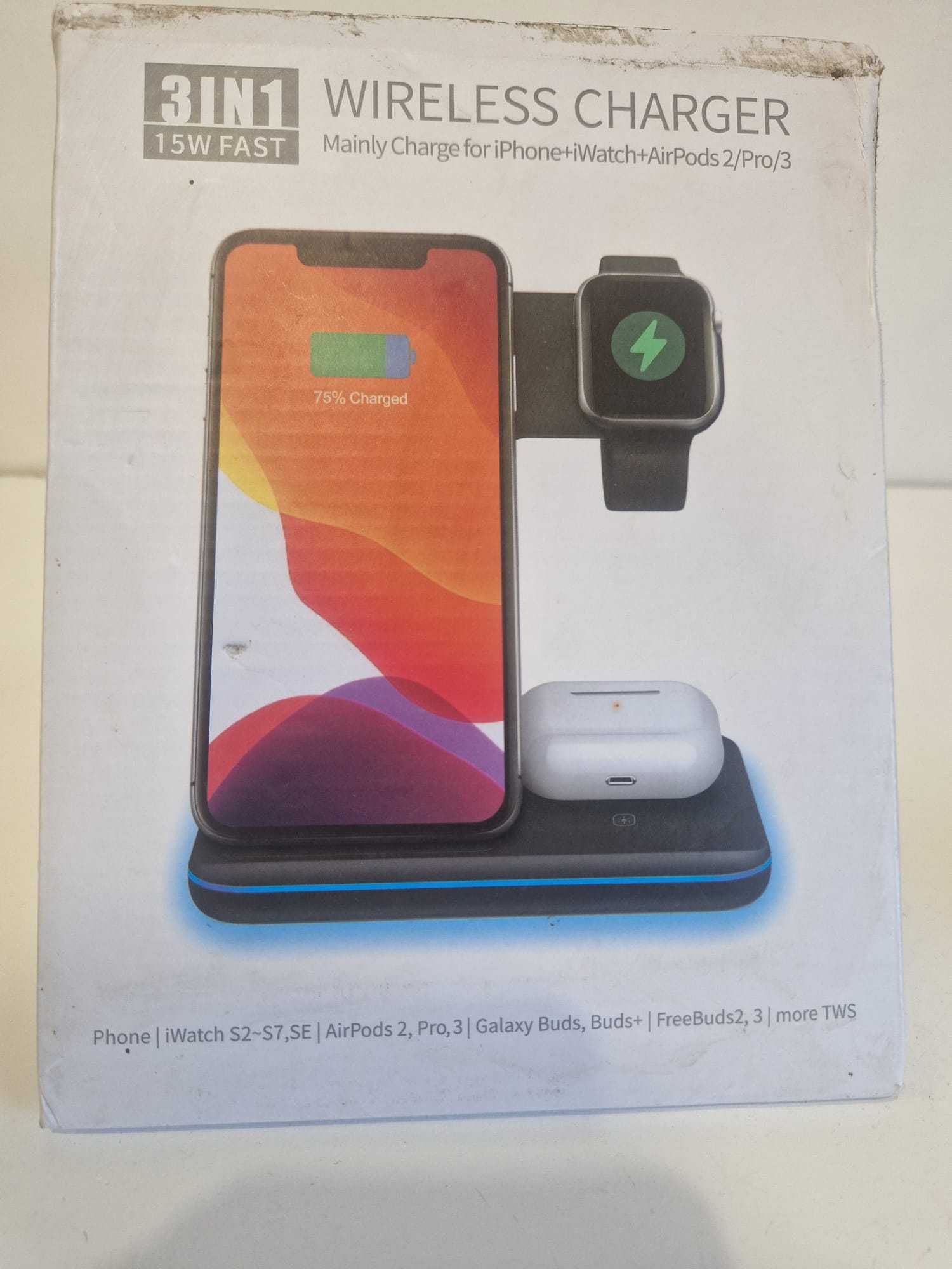 3w1 ładowarka bezprzewodowa Qi do telefonu/słuchawek/zegarka - czarna