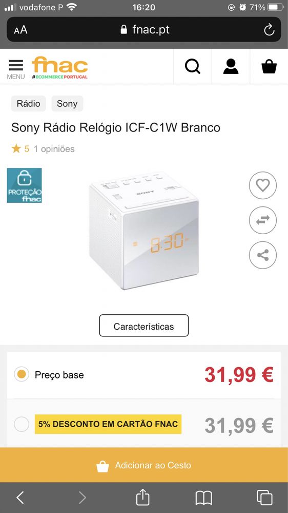 Rádio Relógio Sony ICF-C1W (como novo)