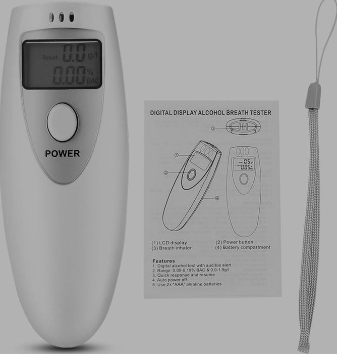 Alkomat, Przenośny Tester Alkoholu, Podświetlany wyświetlacz LCD Bialy