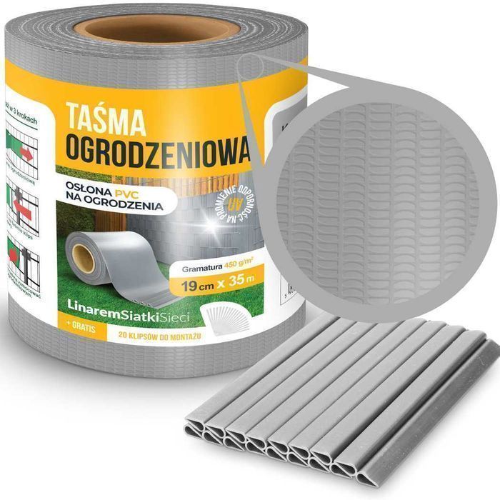 Taśma ogrodzeniowa jasnoszara na panele Linarem 19cm x 35m + klipsy