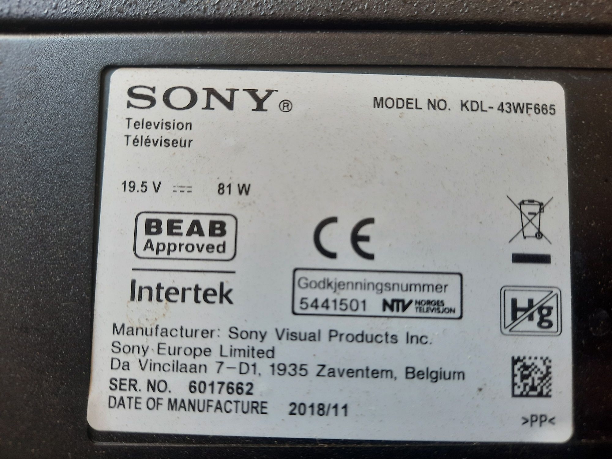 SONY KDL-43WF685/ 1-982-629-11/ 1-982-711-11/ HV430FHB-H1K