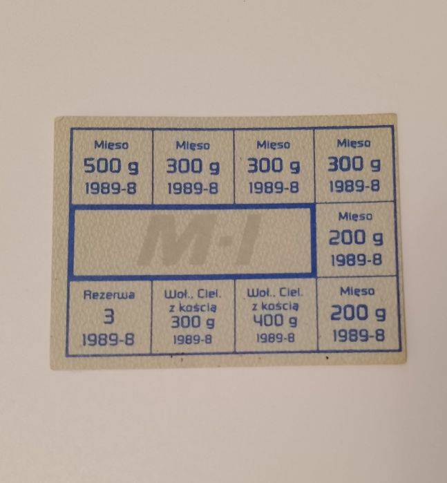 KARTKA na mięso M - I z PRL sierpień 1989, kolekcjonerska bon towarowy