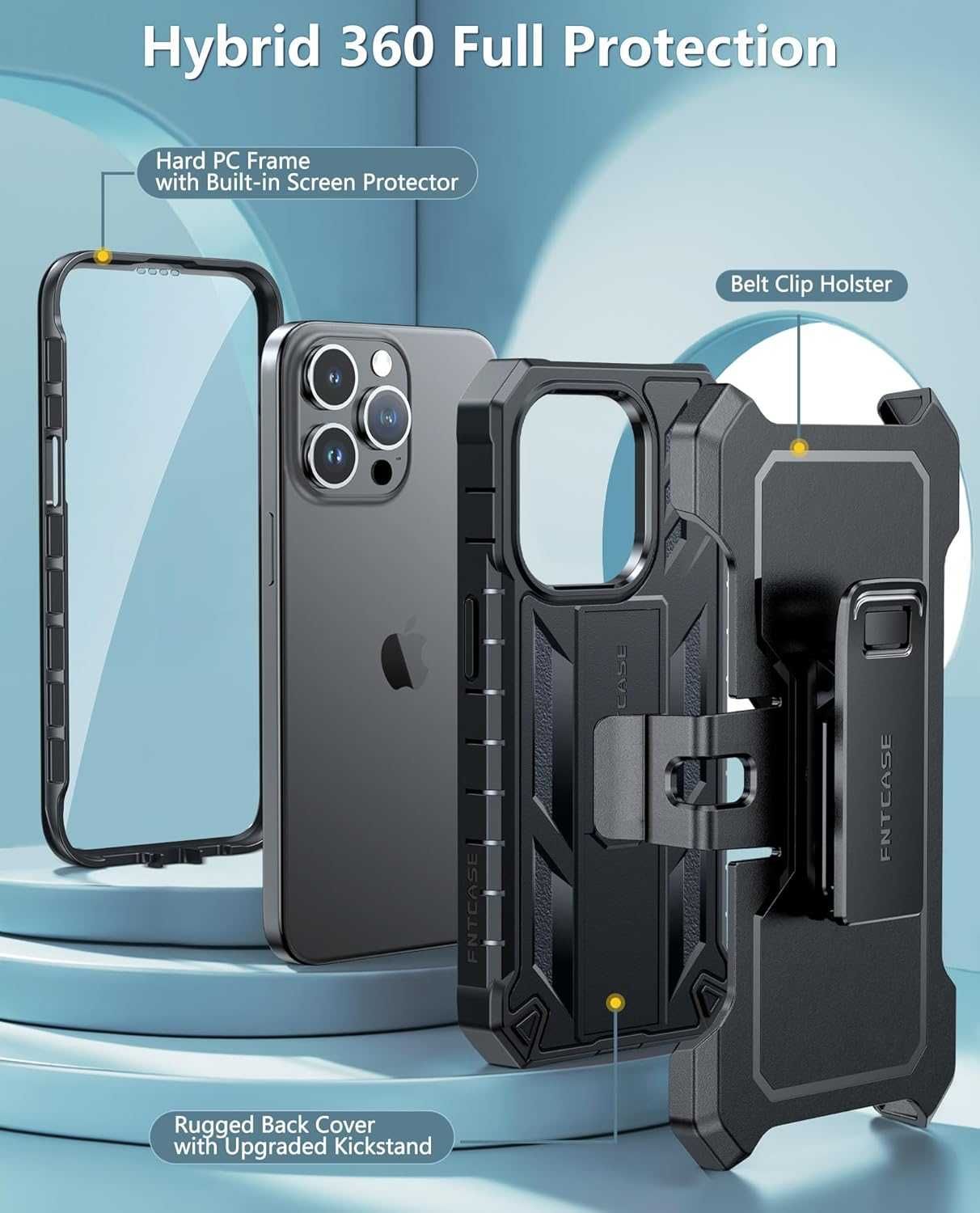 FNTCASE pancerne etui 360 do iPhone 15 Pro 1x szkło na obiektyw stojak