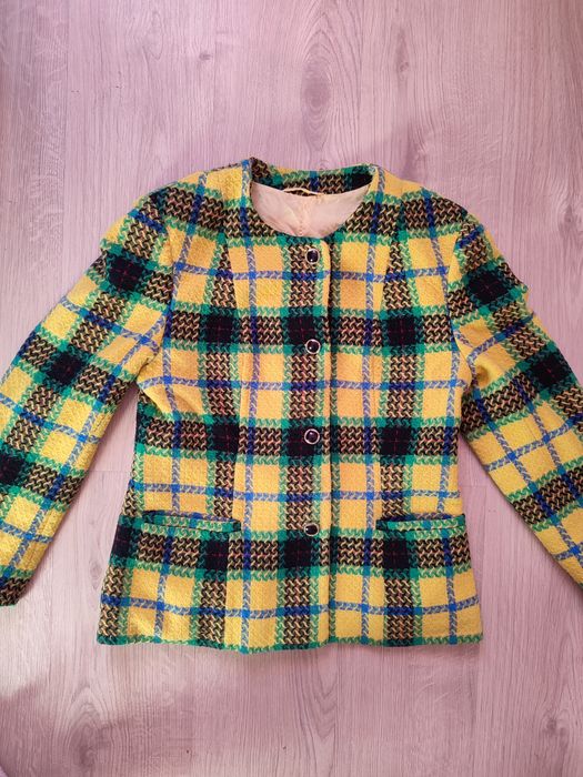Wełniana marynarka w kratkę vintage tweed żakiet