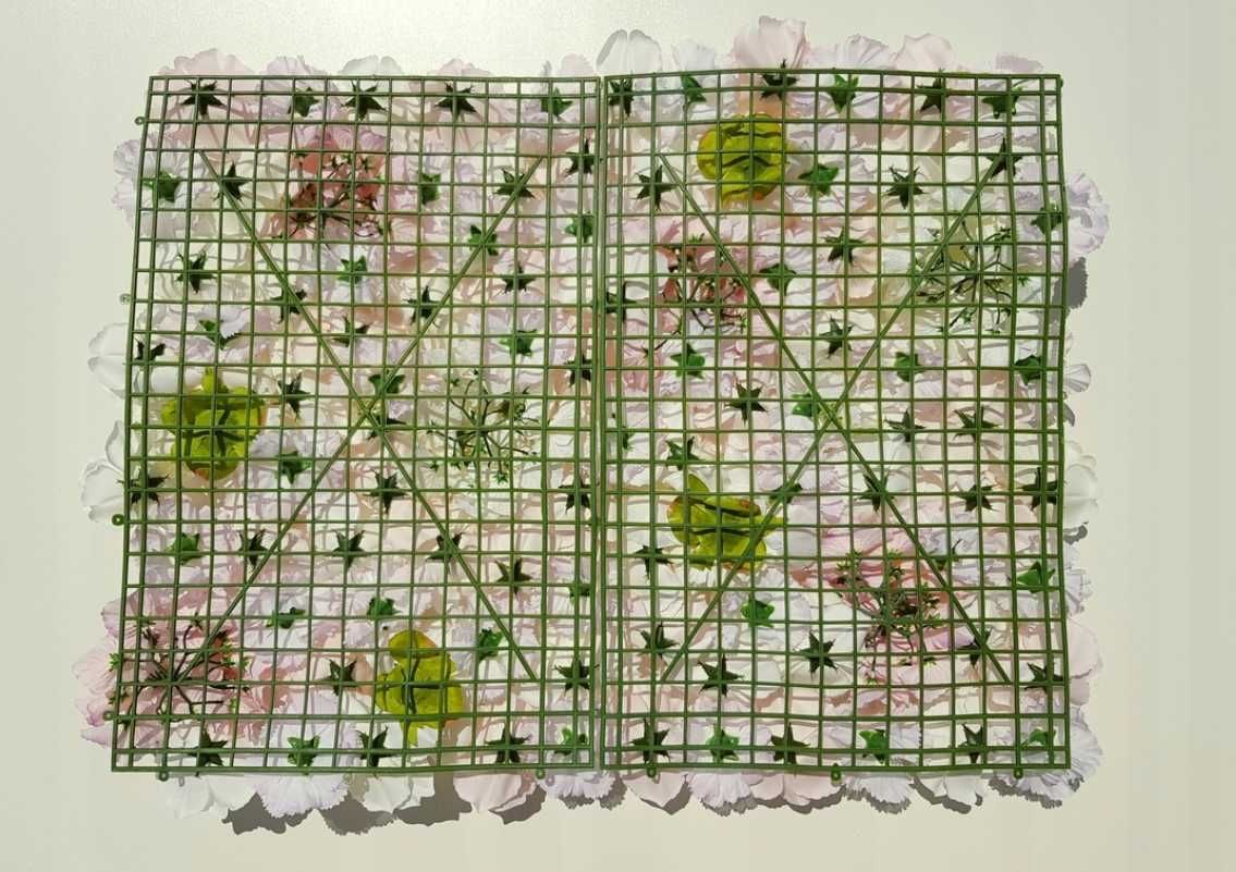różowa ŚCIANKA Z KWIATÓW z róż i piwonii AMARANTOWA z listkami 60x40cm