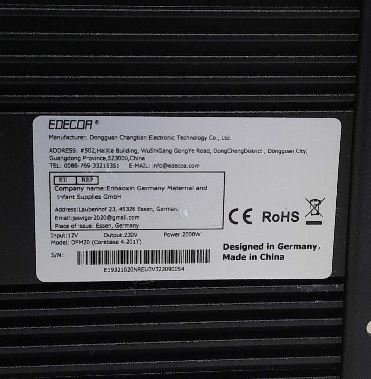 Перетворювач струму (інвертор) EDECOA® DPM20, 2000W, 12V