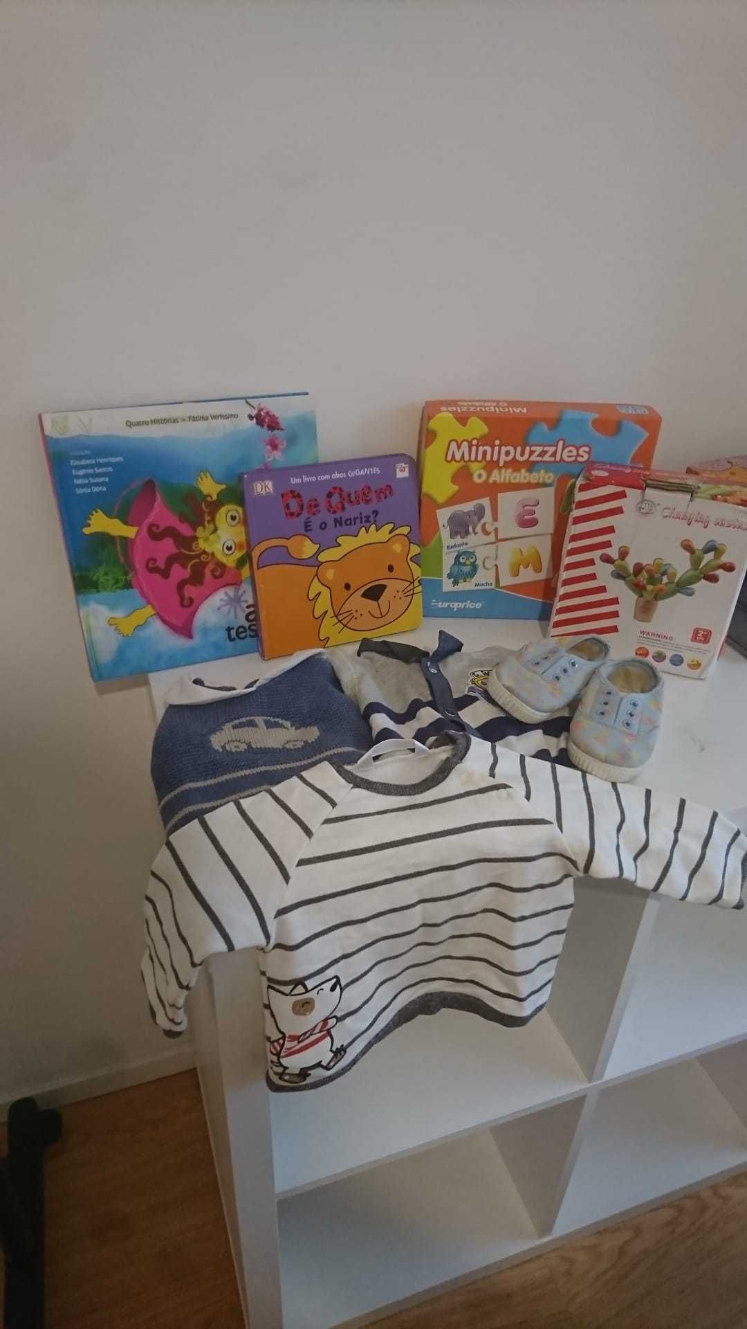 Kit criança: 2 livros + 2 brinquedos + 1 blusa + 2 bodies + 1 sapatos