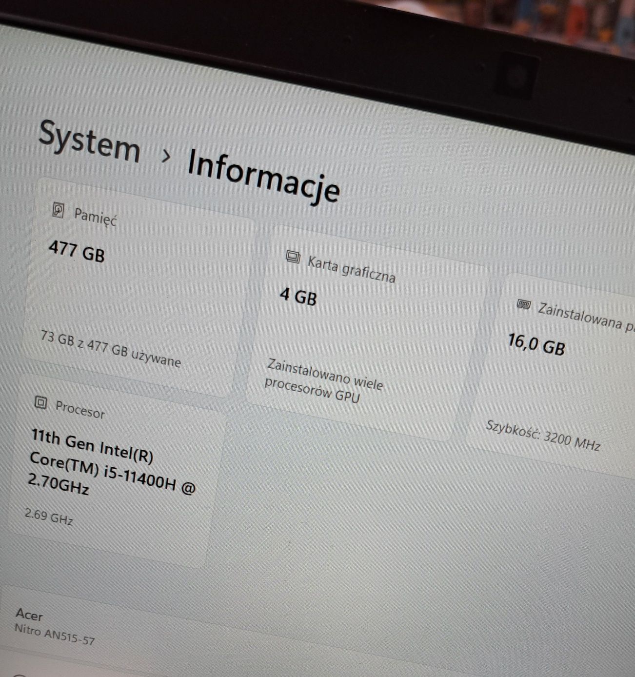 Acer Nitro 5  15,6" 144Hz i5-11400H 16GB / 512GB  RTX3050