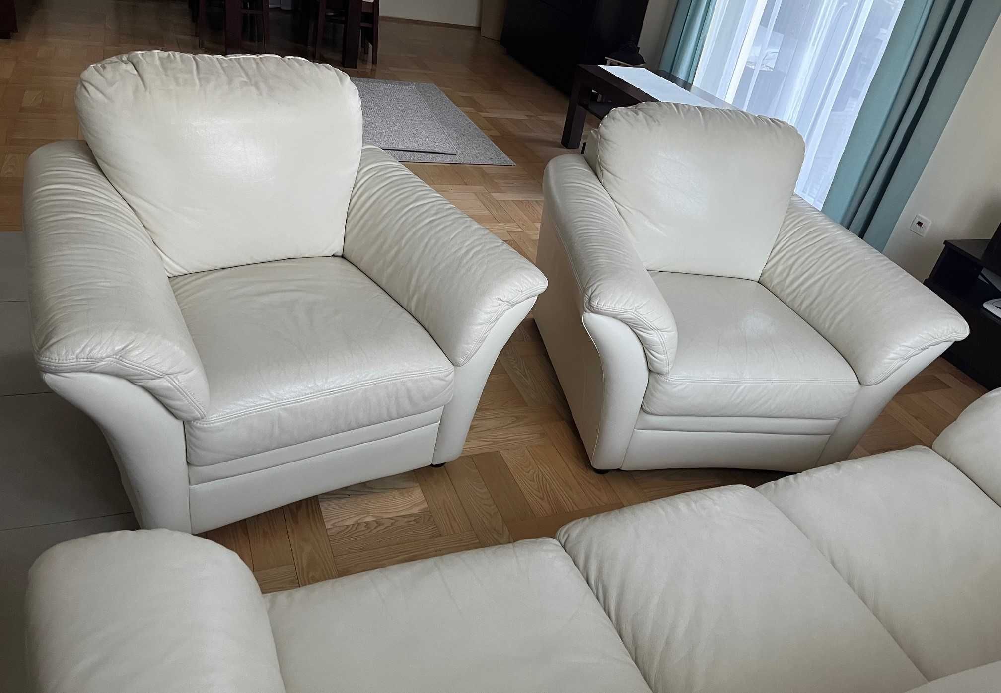 Wypoczynek komplet sofa rozkładana + 2 fotele skórzany kolor ecru