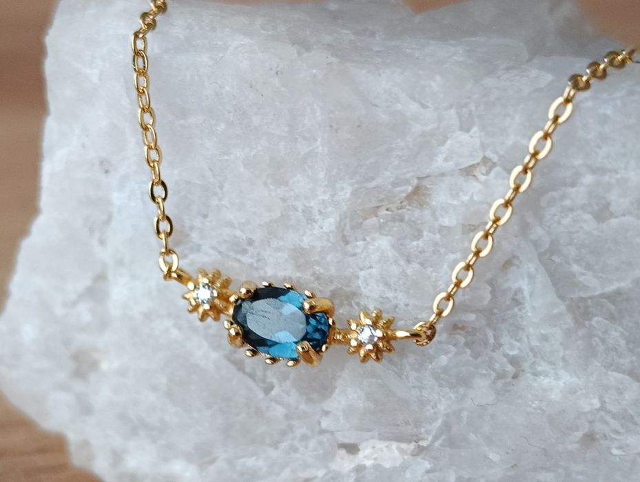 Naszyjnik srebro 925 pozłacane z naturalnym topazem London blue