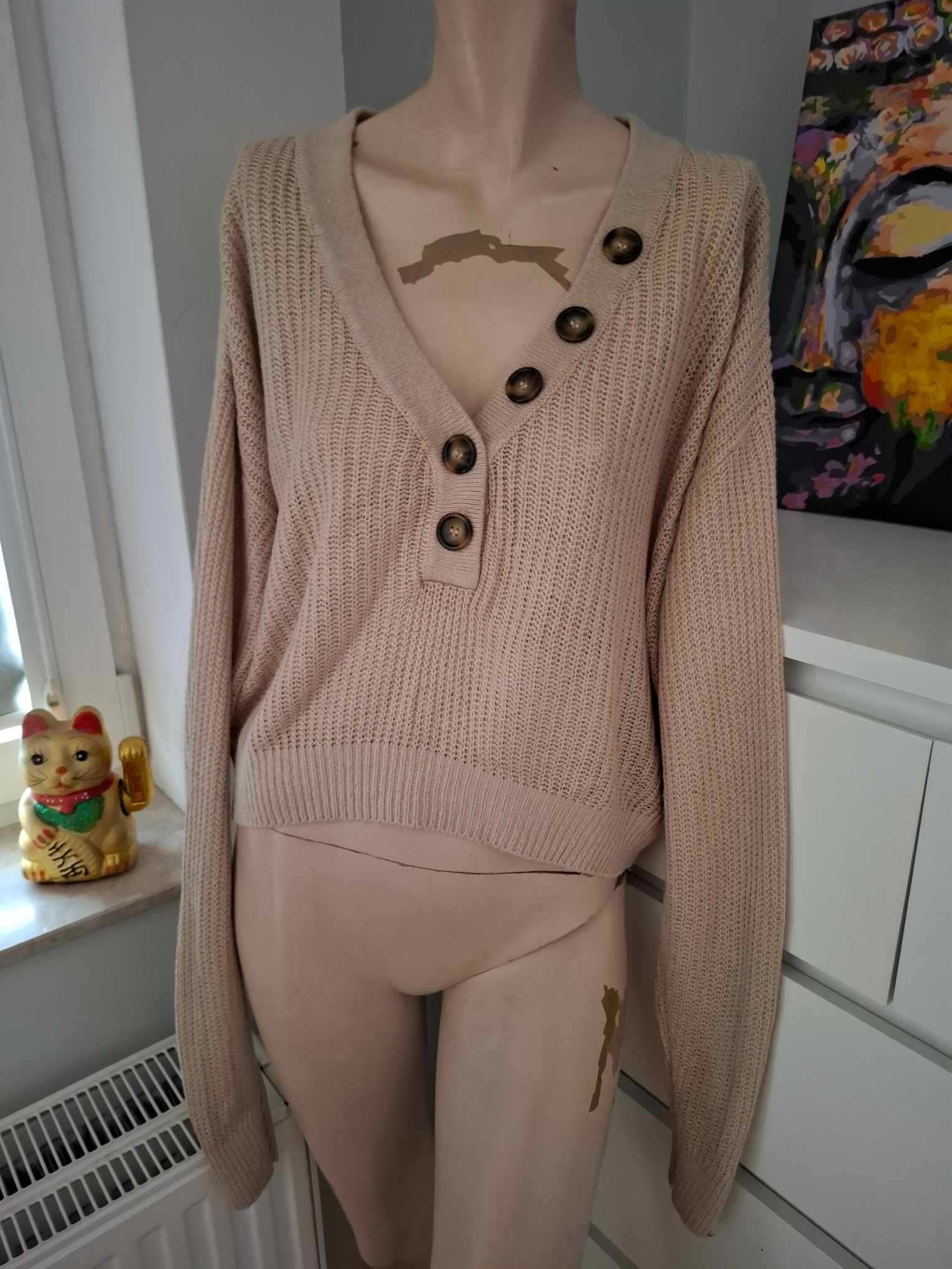 S 36 H&M bezowy sweter z długim rękawem z dekoltem v dekolt serek