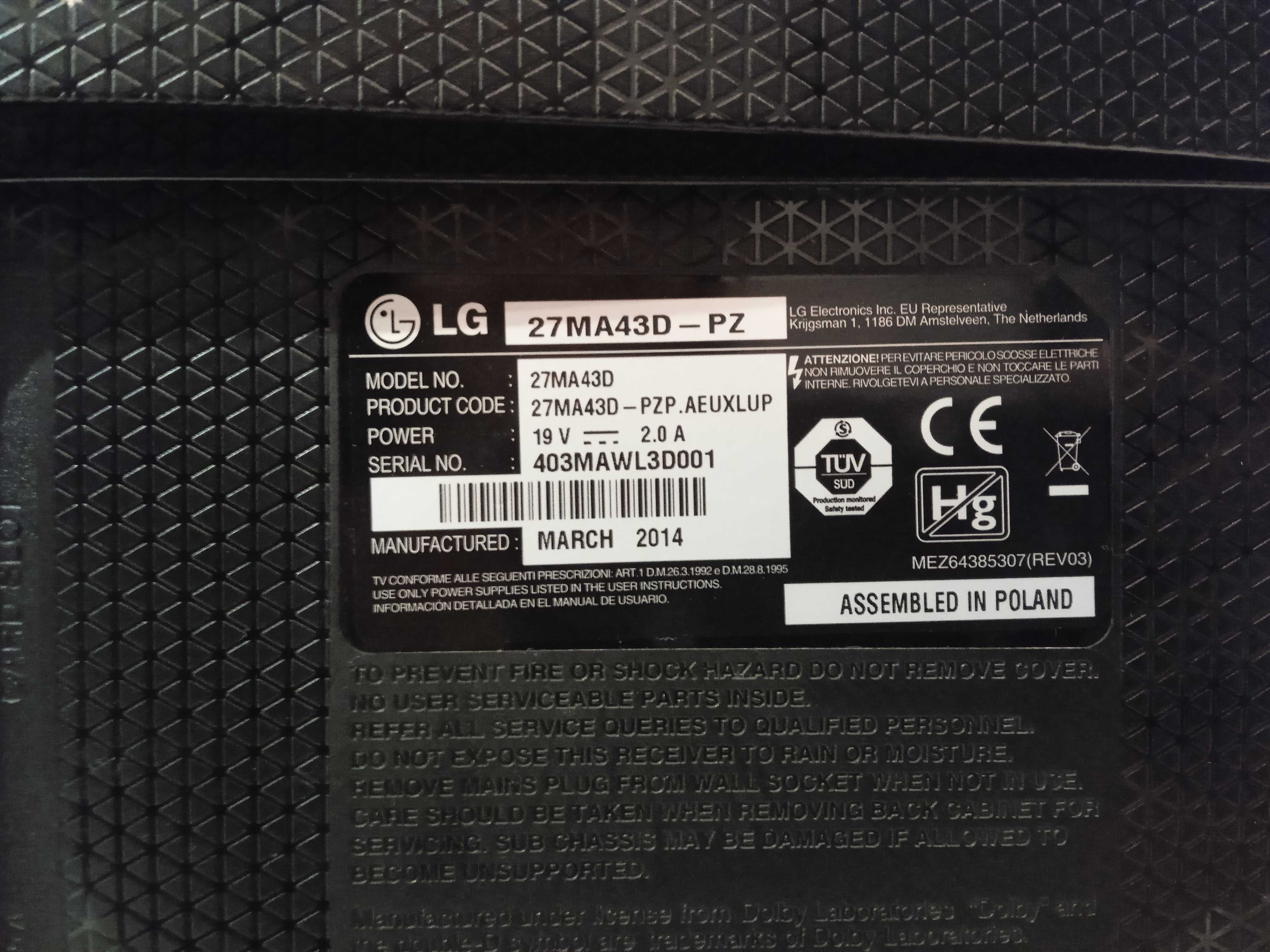 Monitor tv, 27" LG 27 cali
