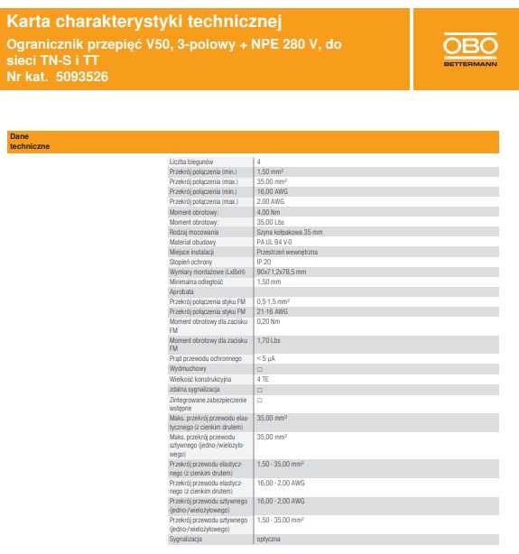 Ogranicznik przepięć B+C V50 3L+ NPE 280 V do sieci TN-S i TT OBO