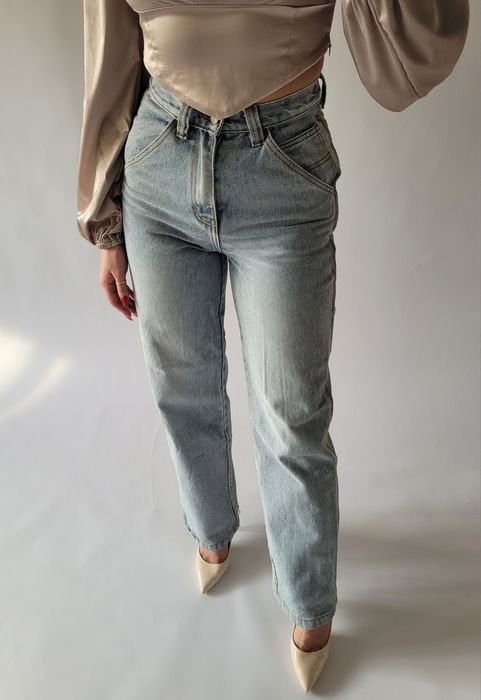 Jasne jeansowe szerokie proste spodnie wide leg wysoki stan 36 S
