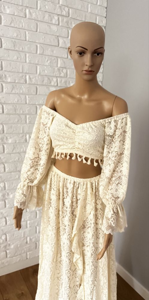 Dwuczęściowq suknia do sesji ciążowej boho ecru L XL