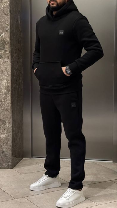 ЗИМНИЙ НА ФЛИСЕ спортивный мужской костюм зеленый черный Hugo Boss
