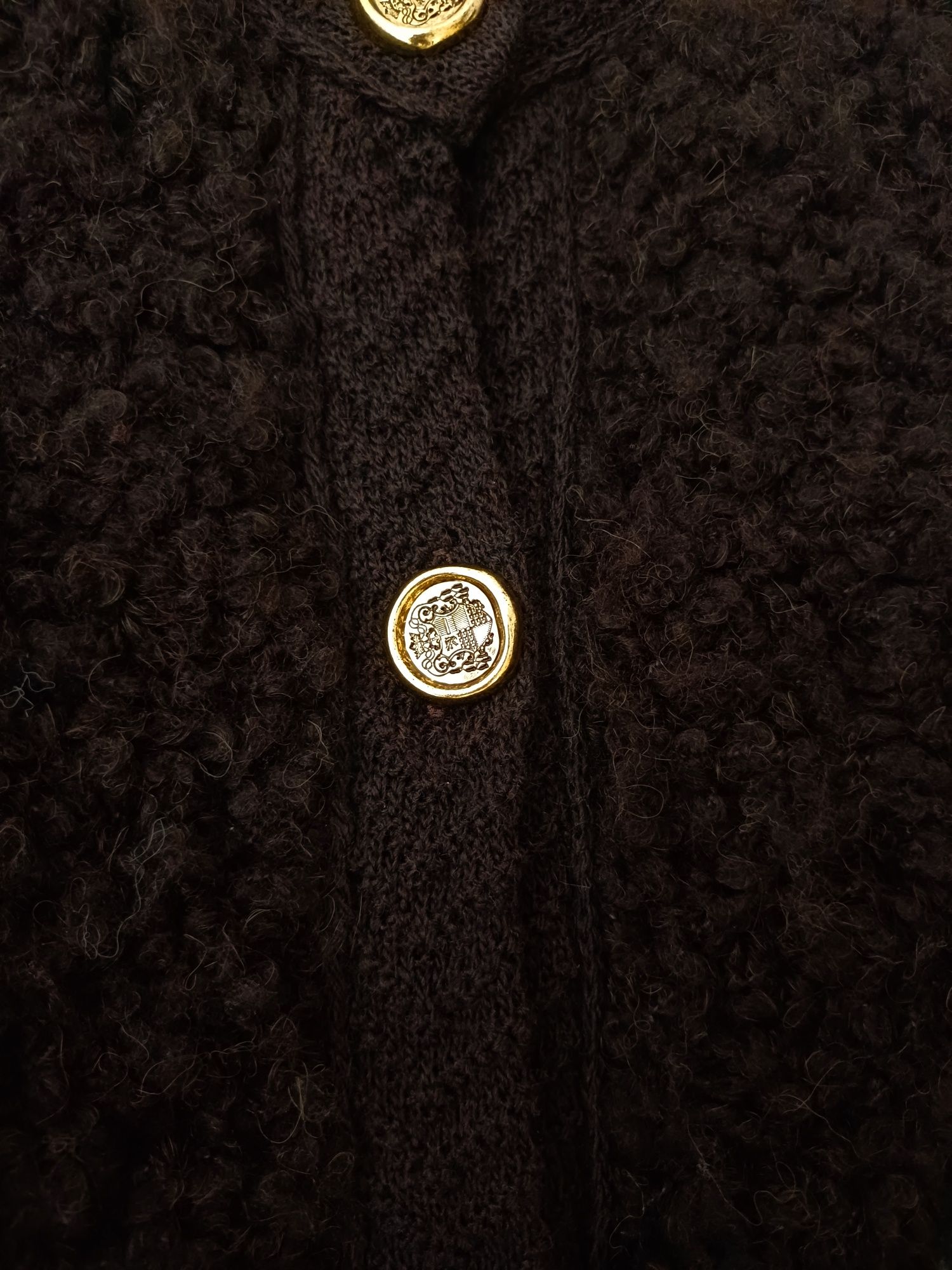 Massimo Dutti kardigan wełna alpaka brązowy sweter boucle złote guziki
