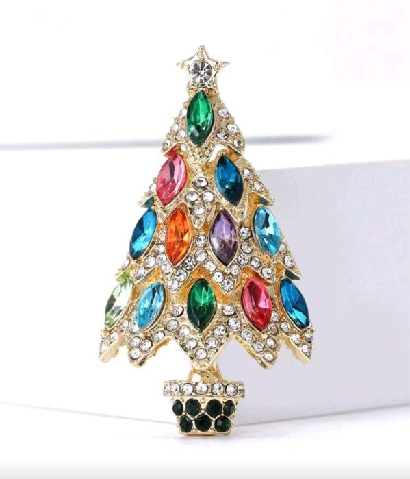 Broszka świąteczna choinka z kolorowymi kryształkami