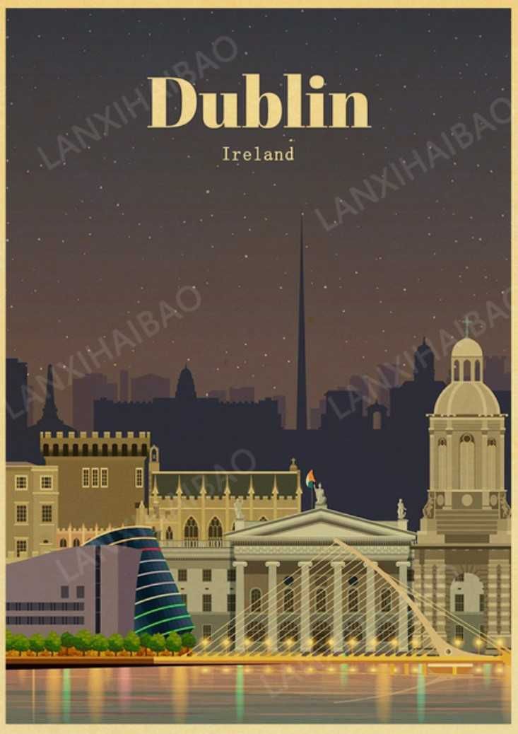 PIĘKNY duży plakat obraz vintage DUBLIN Irlandia grafika