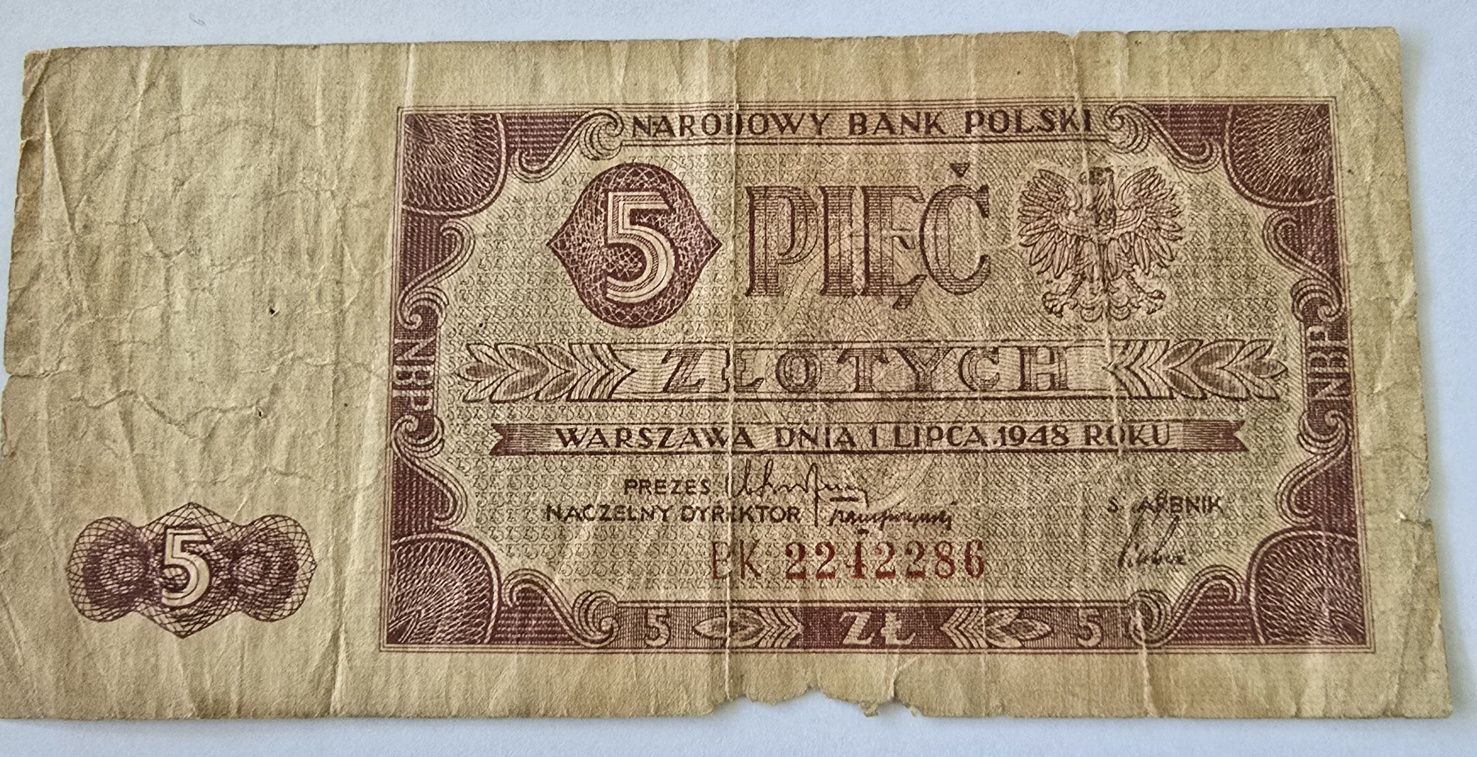 Banknot 5 zł 1948r. Traktorek