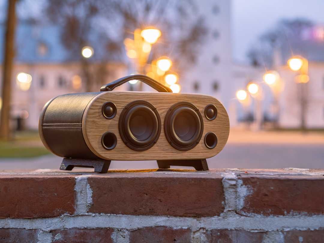 Głośnik przenośny bluetooth 100W dąb, skóra naturalna.