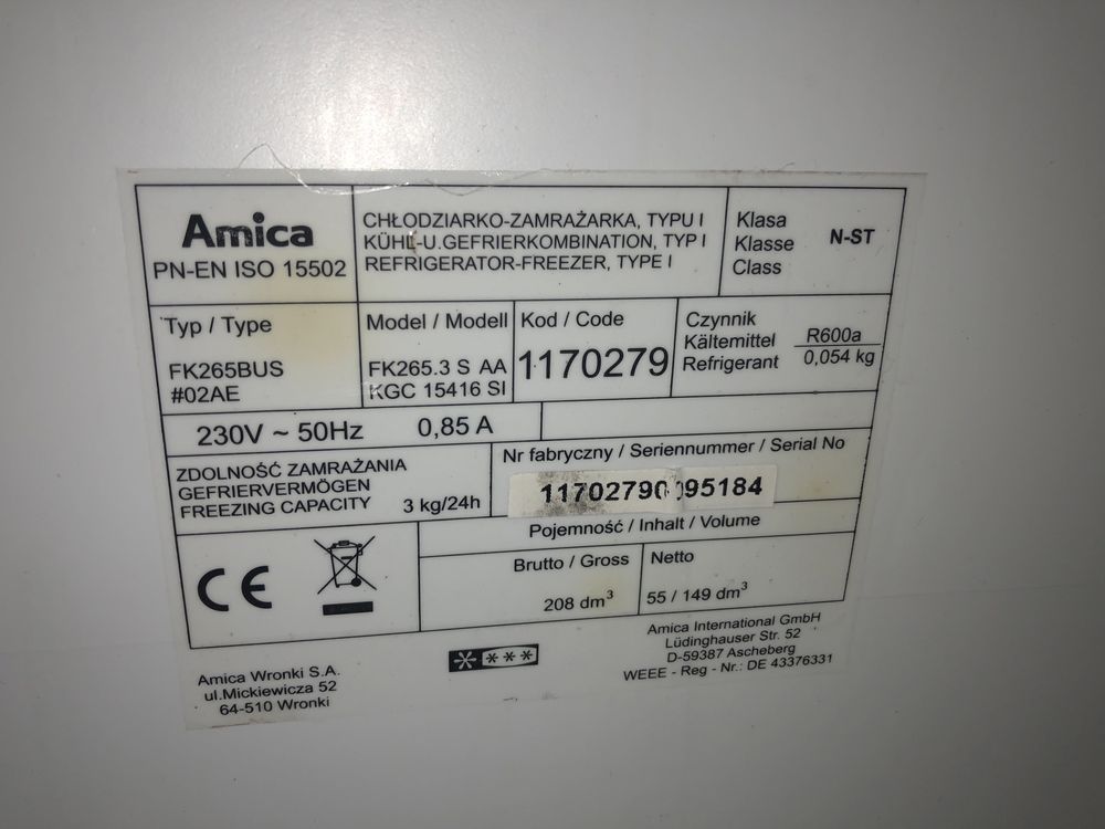 Szuflada, półka, drzwi, lodówka Amica  FK265.3 S AA z zamrażarką