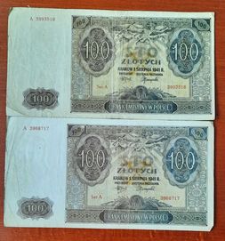 Banknoty 100 złotych 1941r 2 szt. Ser.A używane