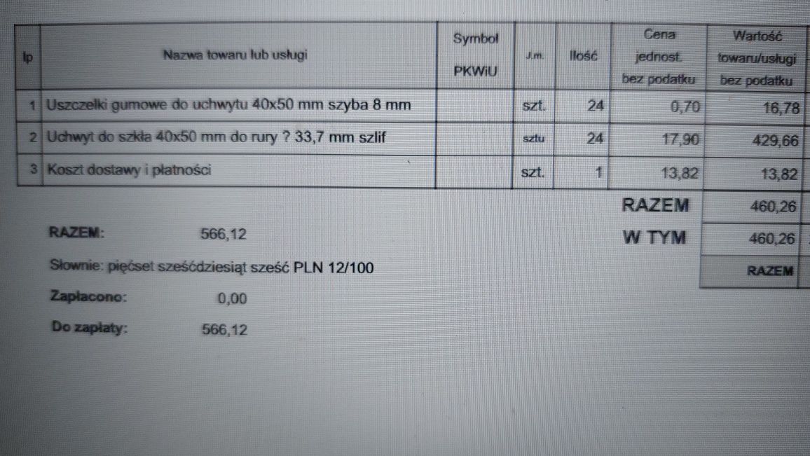 Uchwyt do szkła 40x50 mm do rury Ø 33,7 mm + uszczelki - 24 szt