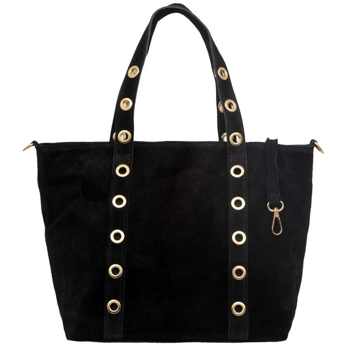 VERA PELLE torebka zamszowa shopper z kółkami i paskiem V699 czarna