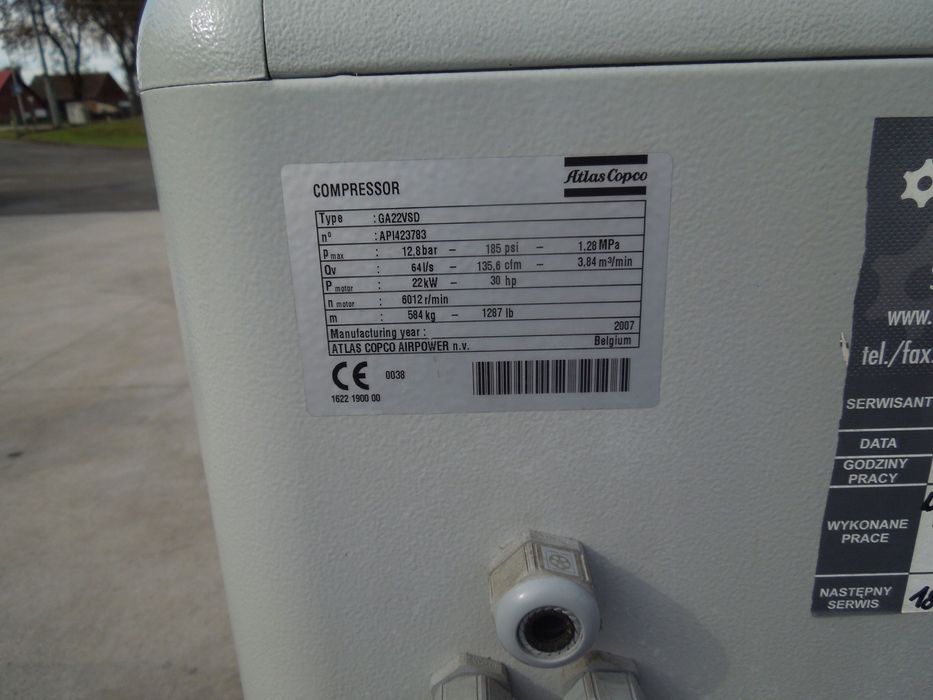 Sprężarka śrubowa ATLAS COPCO GA22VSDFF  maszyna z falownikiem