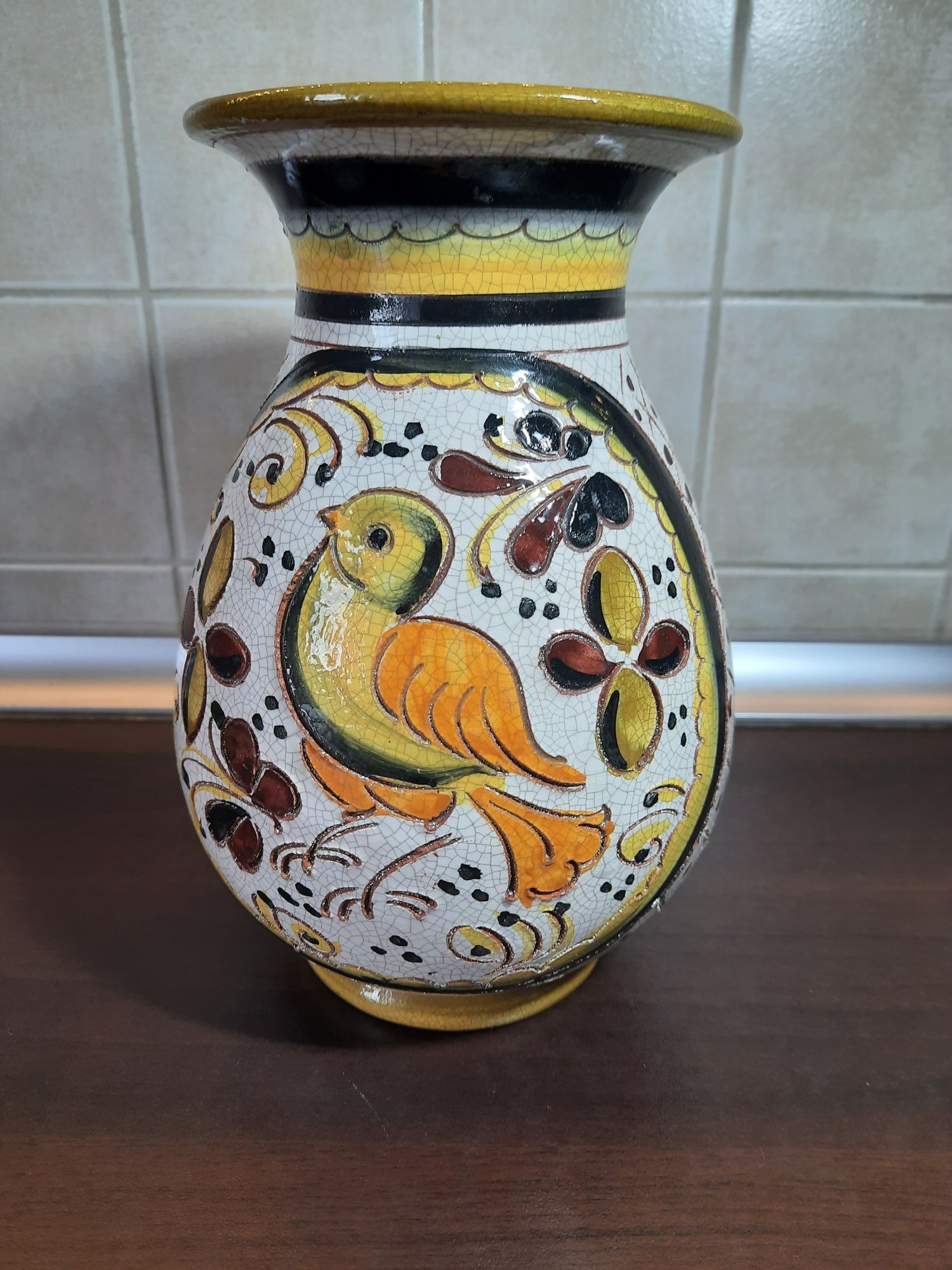 Włoski wazon Italy maiolica majolika zwierzęta ptak ceramiczny podpis