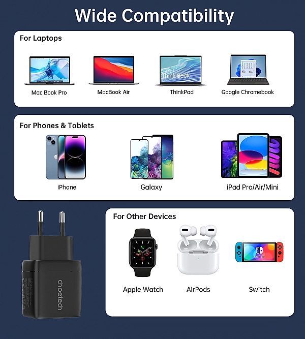 Ładowarka sieciowa Choetech Pd6051 Usb-c Usb-c Pd 35w GaN z wyświetlac