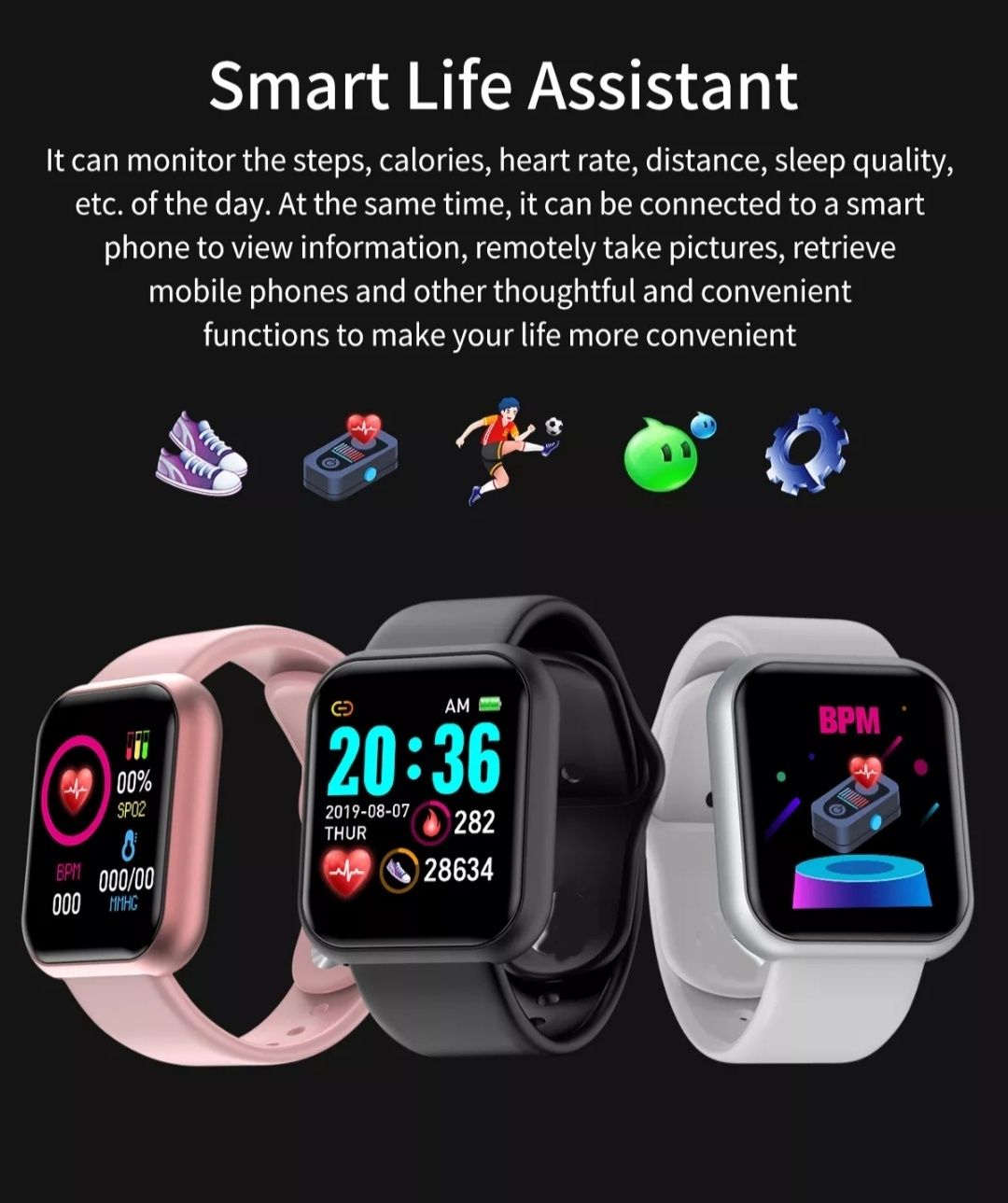 Smartwatch Bluetooth preto ou rosa