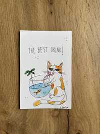 Kartka rudy kot cat kociara akwarium złota rybka akwarele ilustracja