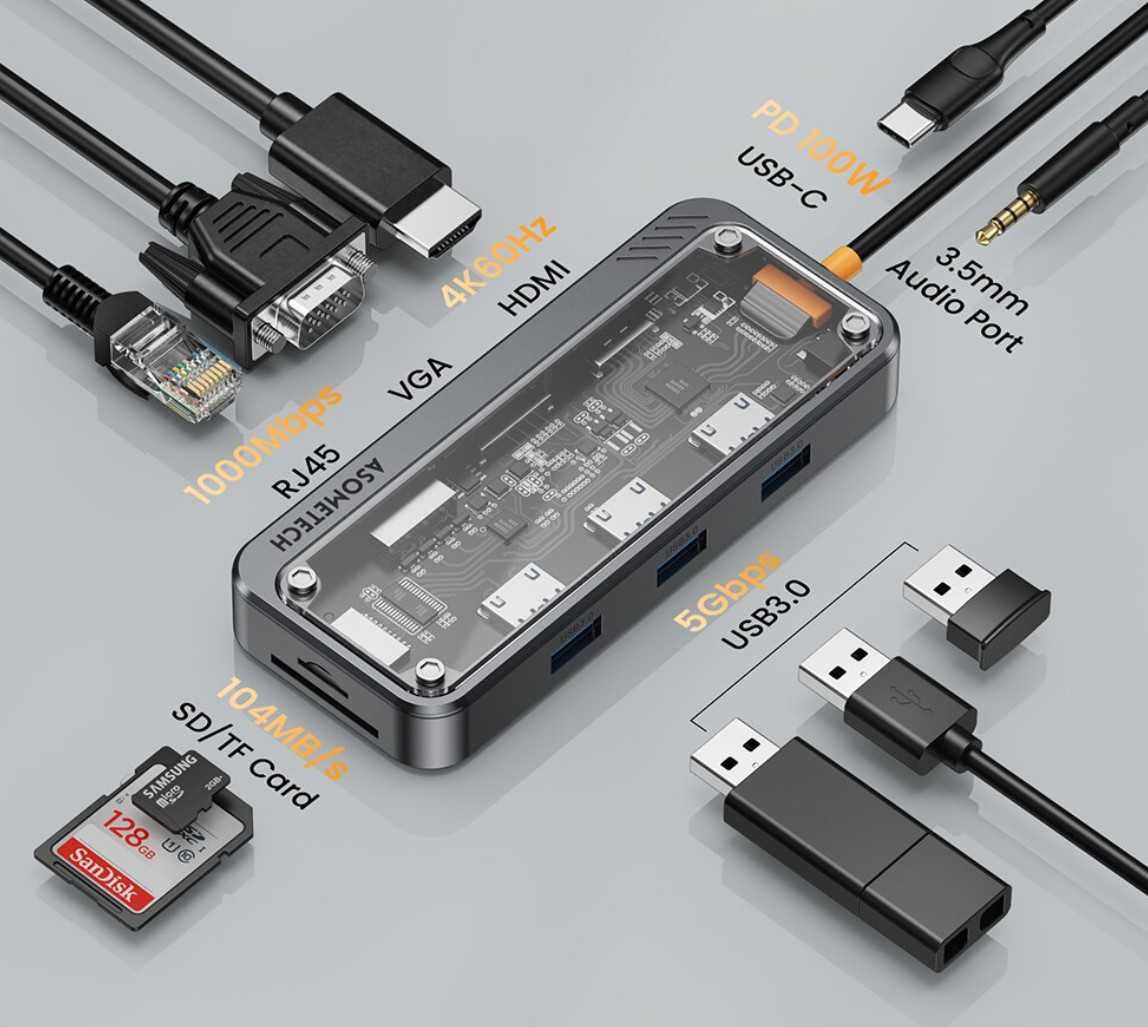 Док станция USB-С Hub Asometech SW10V-PRO 10-IN-1 VGA HDMI RJ45 USB