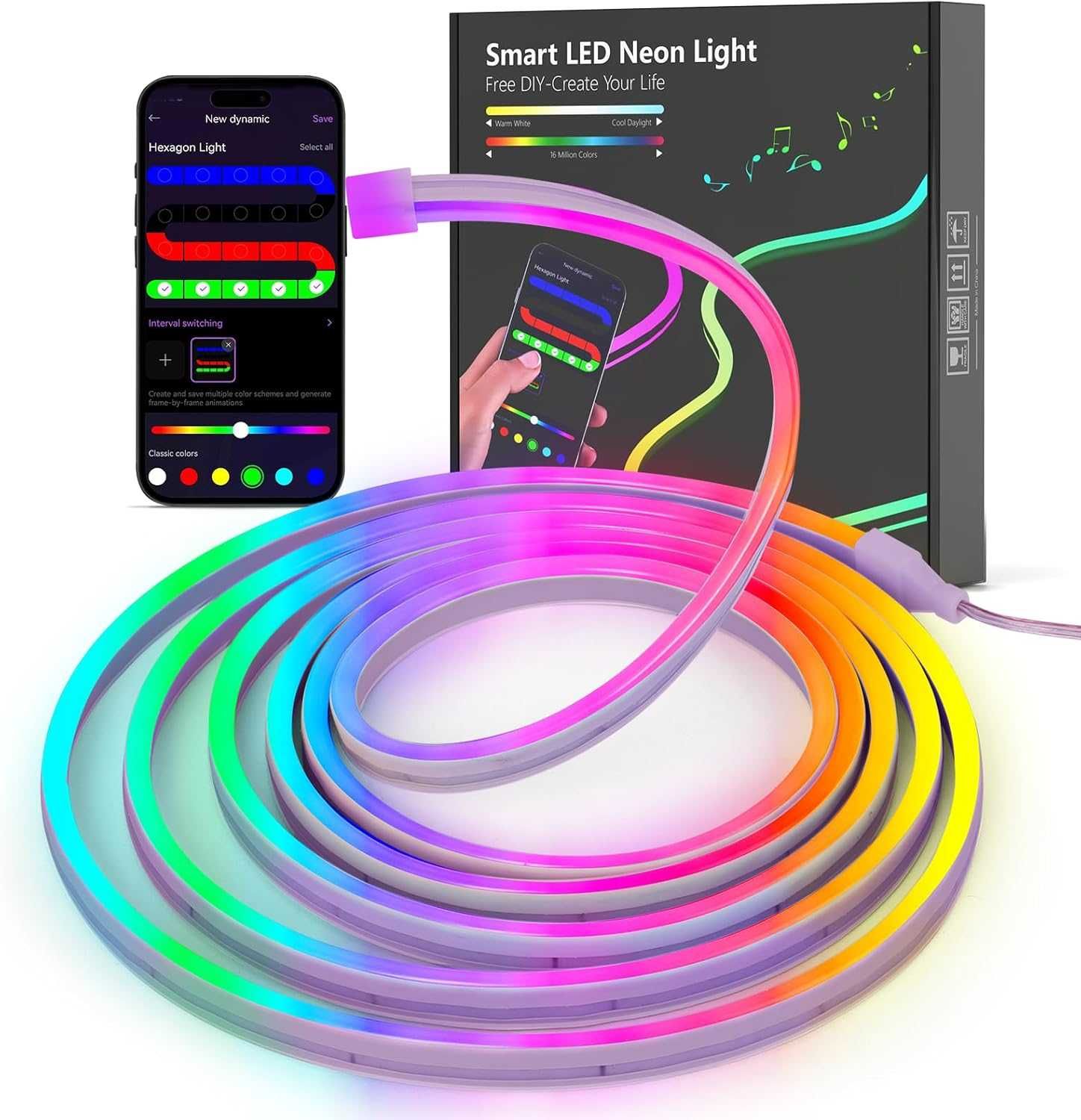 Faixa Smart LED Néon Flexível, RGB, com App e Sincronização Musical 3m