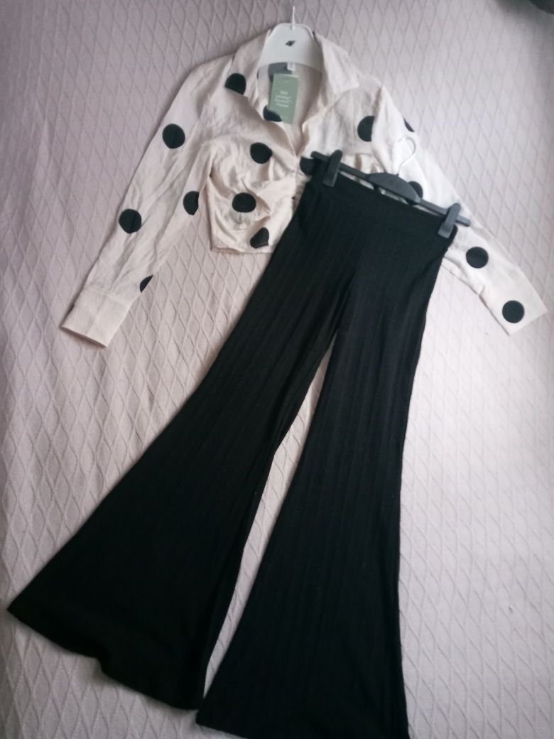 Stylowy czarno-biały zestaw S H&M bluzka kropki Bershka dzwony