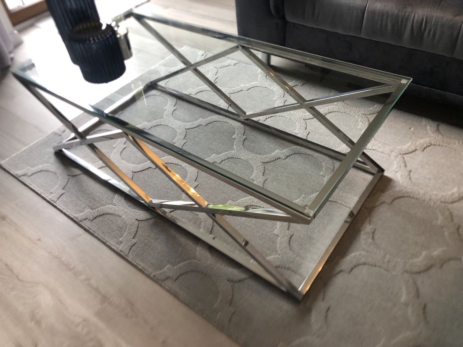 Stół ława stolik kawowy glamour stal srebny 120 cm x 60 cm szkło
